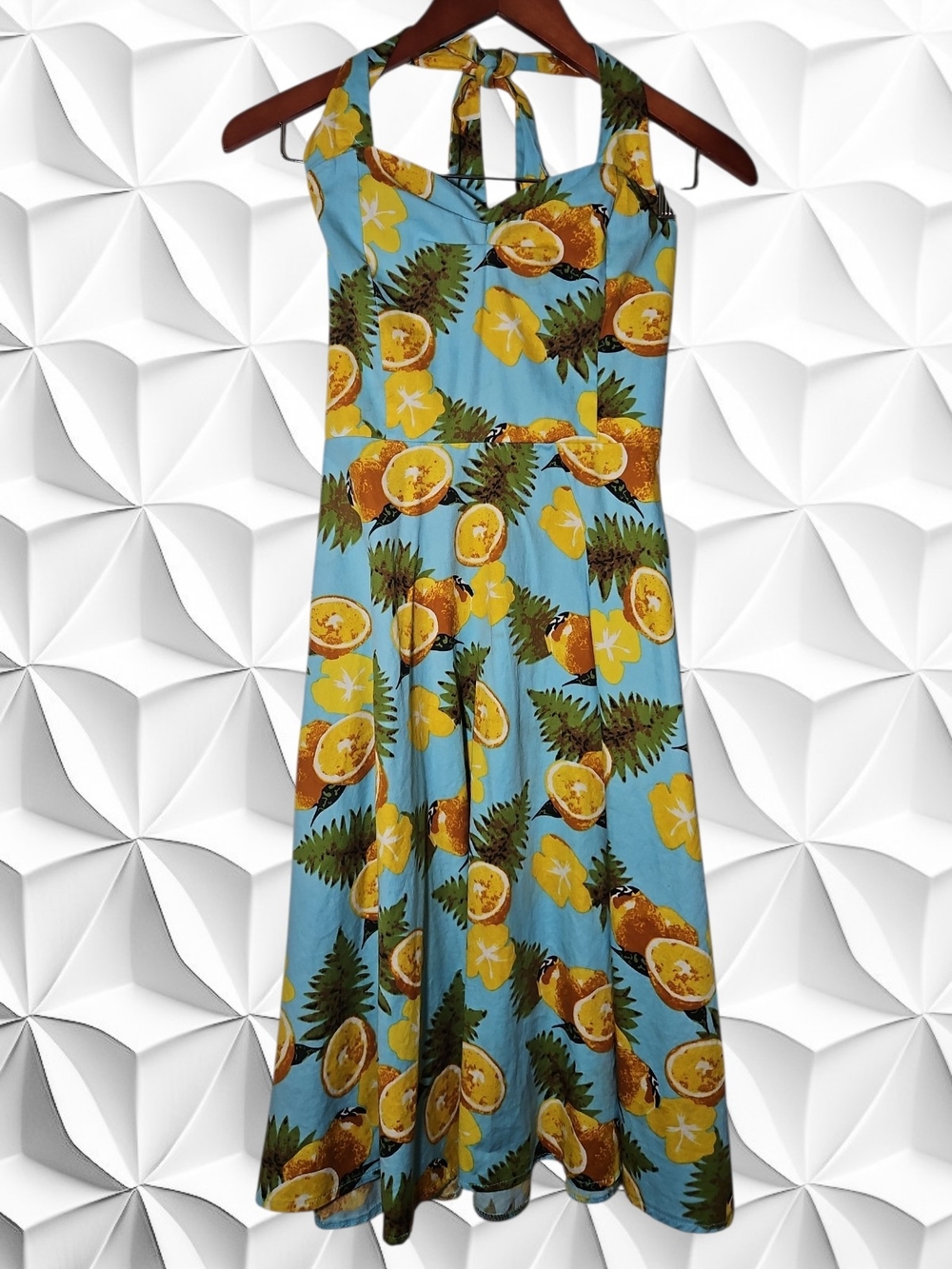 Vintage Style Citrus Lemon Halter Dress - Sky Blue